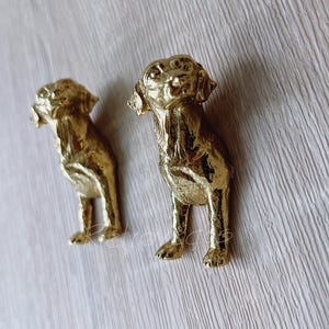 Könnte beinhalten: Zwei goldfarbene Hundefiguren. Die Hunde befinden sich in einer stehenden Position mit detaillierten Merkmalen. Die Figuren sind auf einer hellen, strukturierten Oberfläche platziert. Die Hunde scheinen aus Metall zu sein.