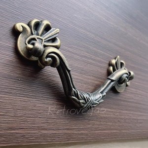 Könnte beinhalten: Ein verzierter antiker Schubladengriff mit einem dekorativen floralen Design. Der Griff ist aus Metall und hat eine dunkelbraune Bronze-Oberfläche.
