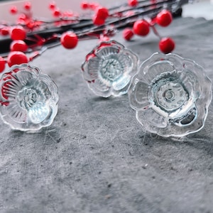 Può includere: Tre pomelli di vetro trasparente a forma di fiore con un centro rialzato. I pomelli hanno un design delicato e intricato.