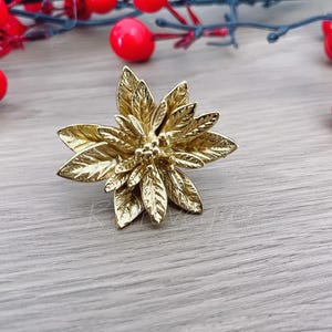 Può includere: Ornamento floreale a forma di stella di Natale dorata con un design dettagliato delle foglie. L'ornamento è su una superficie di legno grigio, con bacche rosse e steli verdi sullo sfondo. Questa decorazione festiva è adatta per le feste.