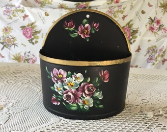 Vintage Beautiful Hand Painted Toleware Wall Pocket - FLORAL