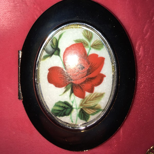 Genuine Cloisonné Silver Locket Pendant with Red Rose