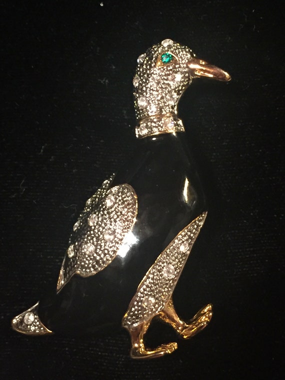 Vintage Black Enamel and Rhinestone LOON Brooch - image 3