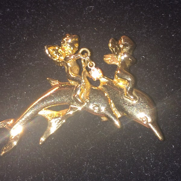 Retired Kirks Folly Cherubs Riding Dolphins w/Aurora Crystal and Seahorse