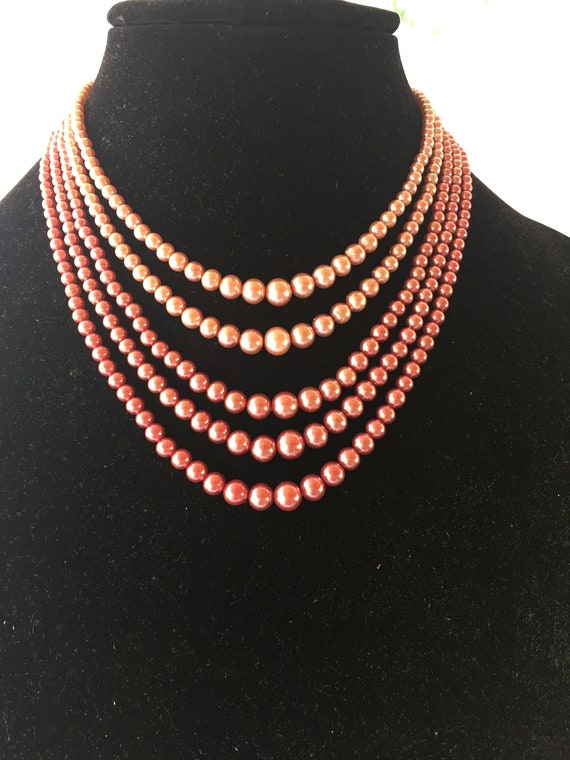 Vintage 5 Strand Pink Pearl Necklace 14 - 16" Hook