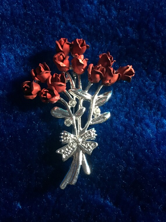 Vintage Silver Tone Brooch With Red Enamel Bouquet