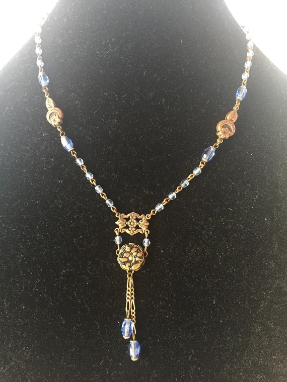 Antique Bronze Gold Tone Blue Beaded Necklace