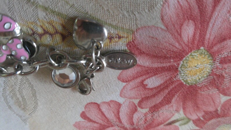 Puede incluir: Pulsera de abalorios plateada con abalorios de setas rosas y blancas, un abalorio de cristal transparente y una etiqueta DKNY. La pulsera est&aacute; sobre un fondo floral con flores rosas.