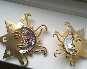 Vintage JJ Jonette Sun Moon Face Brooch Set Gold Tone Holographic Celestial