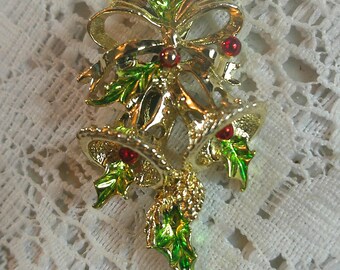 Vintage GERRY'S Christmas Bell Brooch Gold Tone Red Green Enamel Holly