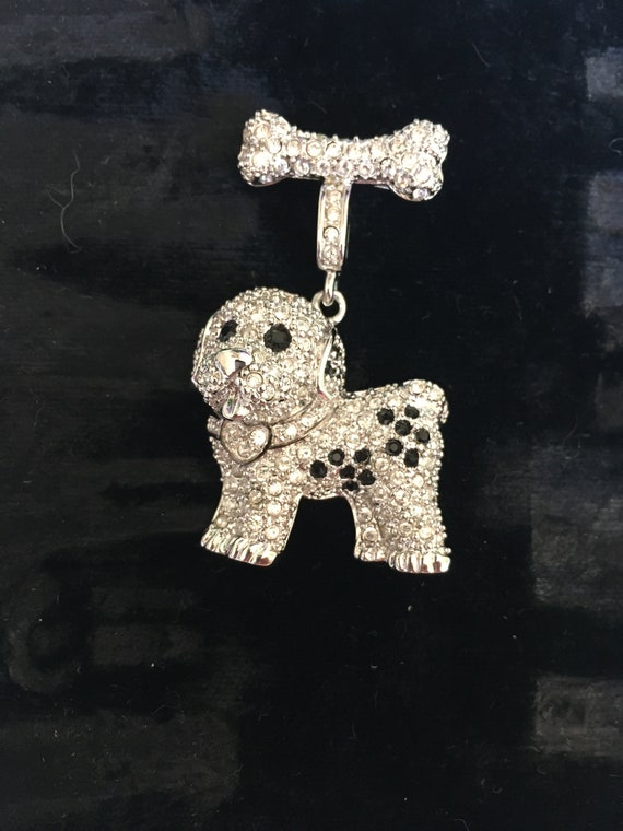 Vintage 1980's Adorable Rhinestone Dangle Dog Bro… - image 1