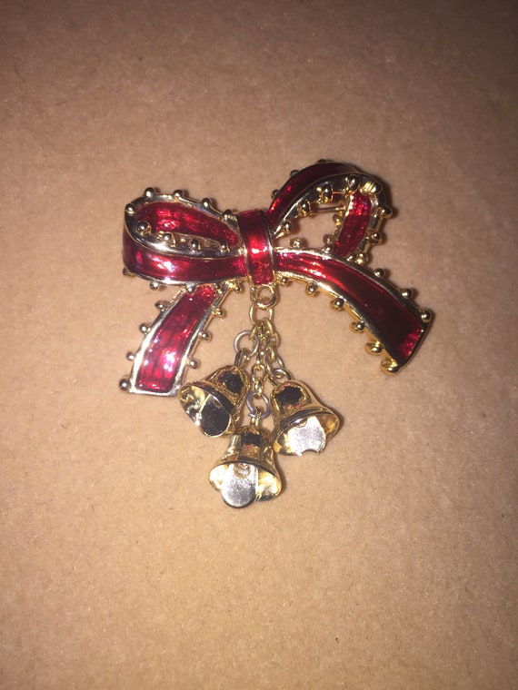 Vintage Red Enamel Bow Brooch with Hanging Bells