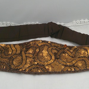 Vintage Black Suede Leather Belt Gold Filigree Ornate Cabochon Buckle RN 13711 L Antique Gold Filigree Belt Buckle: Hand Painted Black Enamel  main image 3