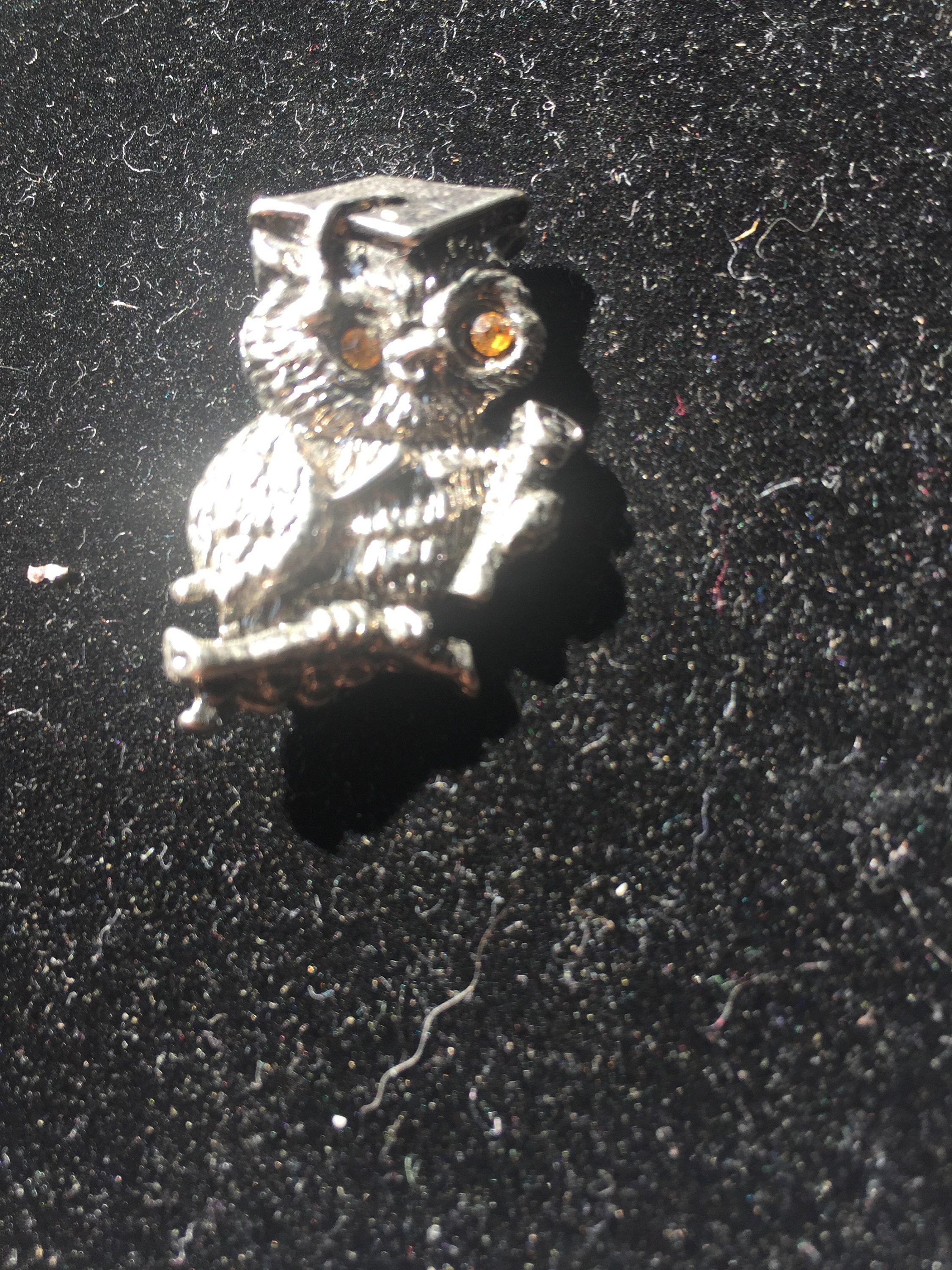 Vintage Silver Tone Owl Brooch with Brown Rhinestone Eyes