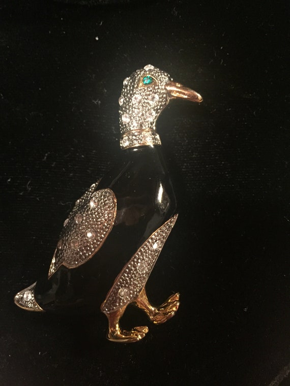 Vintage Black Enamel and Rhinestone LOON Brooch - image 1