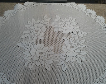 Vintage White Rose Lace Doily Machine Made Floral Table Topper 29.5" x 28.5"