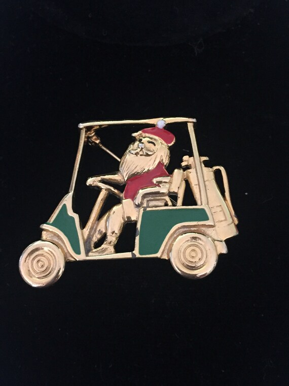 Vintage Santa Clause in Golf Cart Brooch By Navika