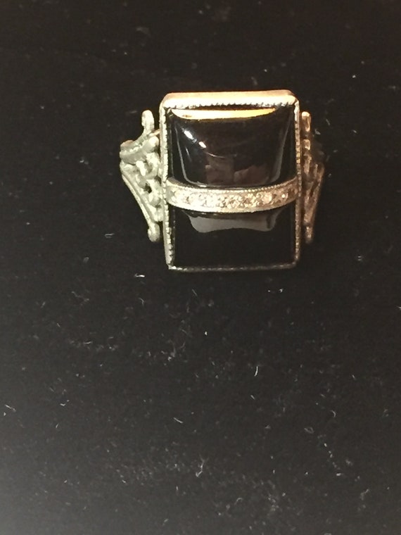 Antique Emerald Shaped Black Onyx Ring with Crysta