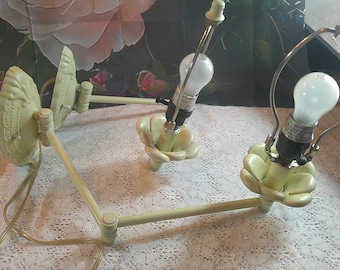 Pair Vintage Cream Floral Swing Arm Wall Lamps Shabby Chic Adjustable Sconces