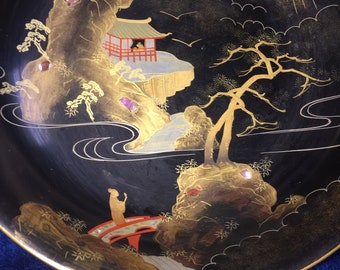 Vintage Large JAPANESE Lacquer Bowl Hand Painted With Abalone