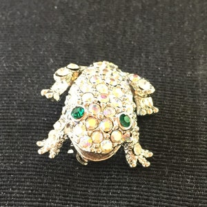 Antique Unmarked Rhinestone Frog Brooch, Lapel Pin Iridescent Body, Green Eyes image 1