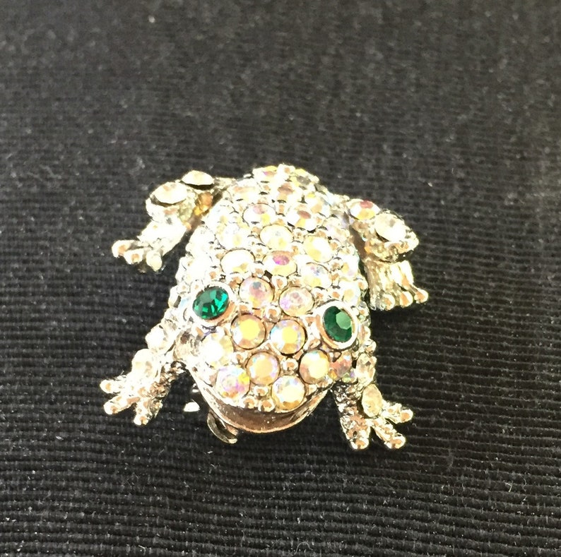 Antique Unmarked Rhinestone Frog Brooch, Lapel Pin Iridescent Body, Green Eyes image 1