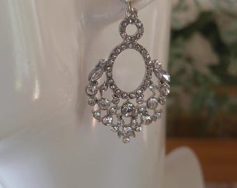 Art Deco Style Clear Rhinestone Drop Earrings Silver Tone Pierced