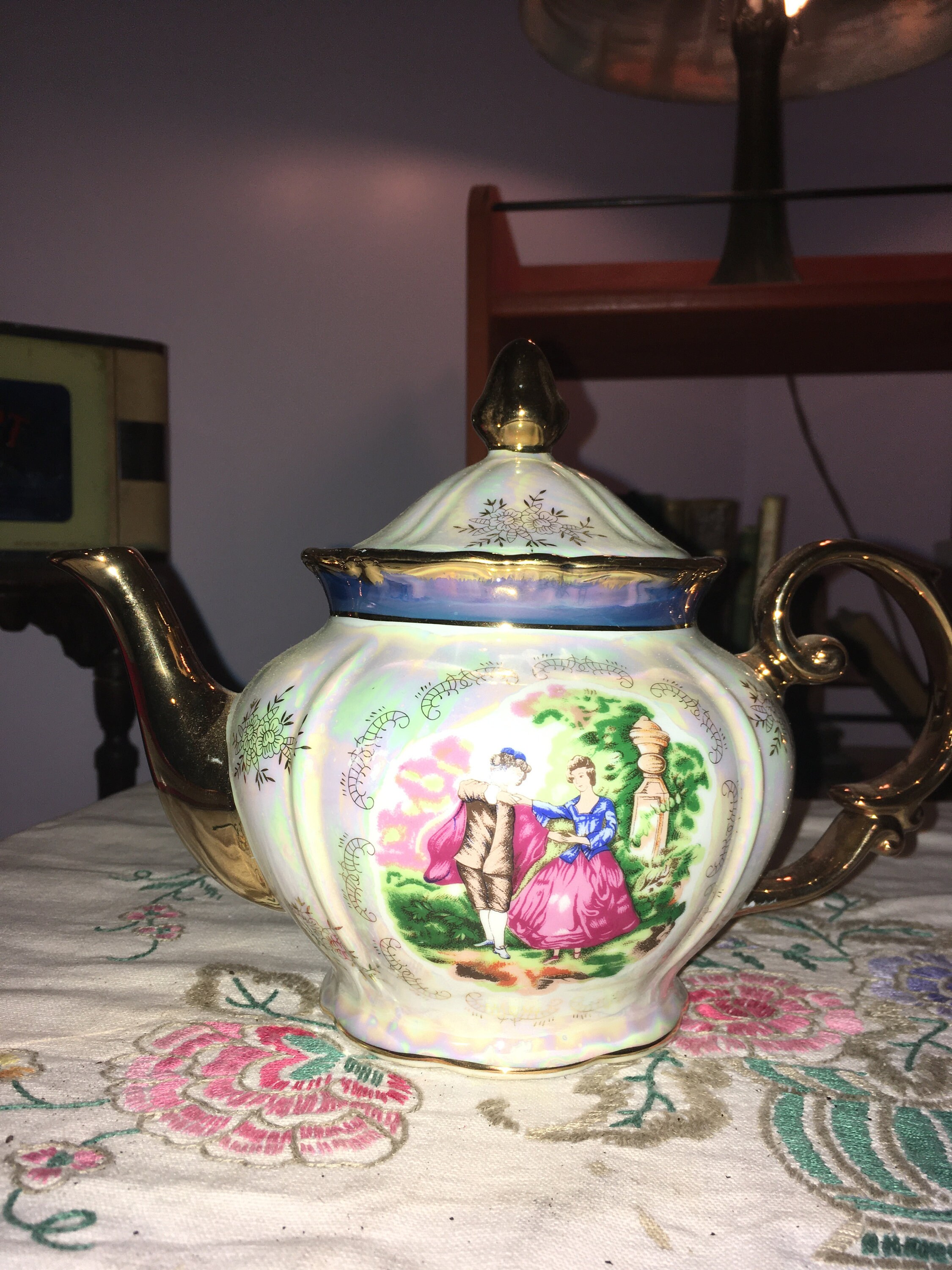 Antique Fine Porcelain Colonial Couple-iridescent Teapot - Etsy UK