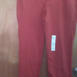 May include: A pair of red-orange pants hanging on a black hanger. The pants have a straight leg cut and a tag is attached. The pants are size 10.