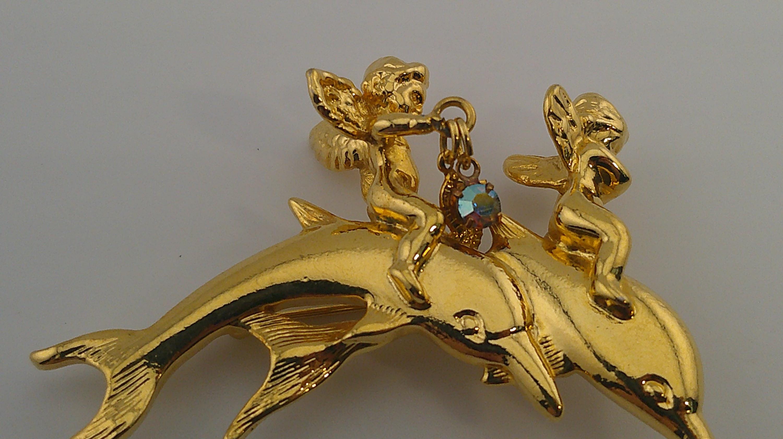 Retired Kirks Folly Brooch – Dancing Dolphins With Angels