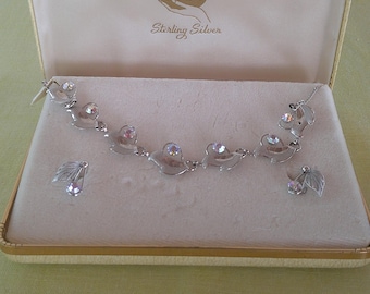 Rare Vintage Curtis Creations Sterling AB Rhinestone Bracelet Earrings Set MIB