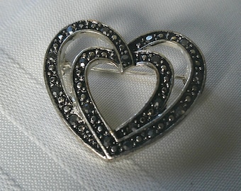 Vintage Silver Tone Double Heart Brooch Black Rhinestone Love Sweetheart Pin
