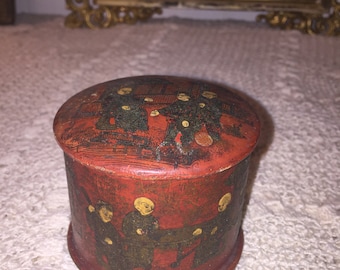 Antique Japanese Hand-Painted Wooden Box – Red Lacquer with Scenic Artwork