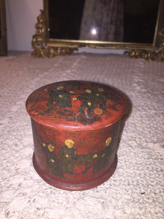 Antique Japanese Hand Painted Wooden Small Covered