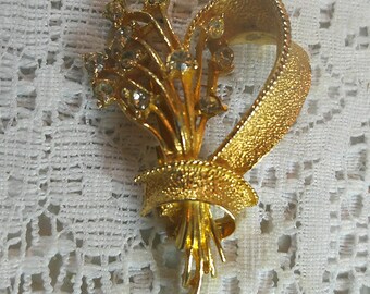 Vintage Gold Tone Rhinestone Floral Bouquet Brooch Brushed Ribbon MCM
