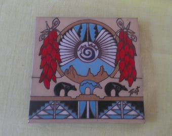 Vintage Earthtones Arizona Southwest Bear Art Tile Trivet Signed 1990