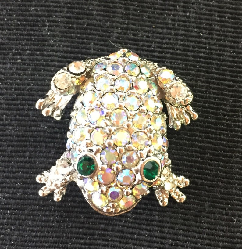 Antique Unmarked Rhinestone Frog Brooch, Lapel Pin Iridescent Body, Green Eyes image 2