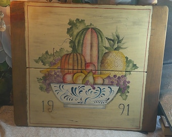 Vintage 1991 Primitive Folk Art Wood Panel Harvest Fruit Still Life Wall Art