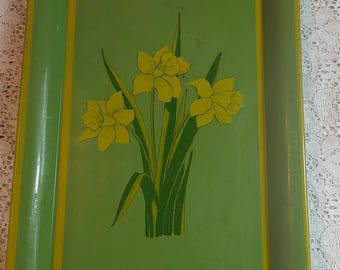 Vintage MCM Tin Litho Tray Avocado Green Yellow Daffodils Floral Toleware
