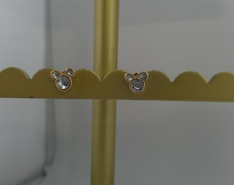 Vintage Disney Mickey Mouse Pierced Earrings Gold Tone w/ Crystal