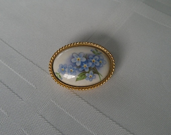Vintage Brass Brooch Hand Painted Porcelain Blue Forget Me Not Floral Pin
