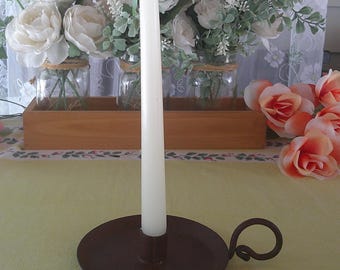 Vintage Red Cast Iron Chamberstick Candle Holder Finger Loop Rustic