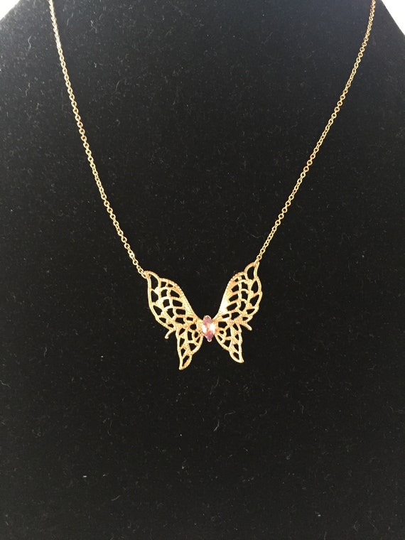 Vintage L-14K GE LIND Butterfly Necklace w/Purple 