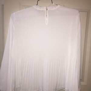 May include: White long-sleeved blouse with a pleated design and a ruffled collar.