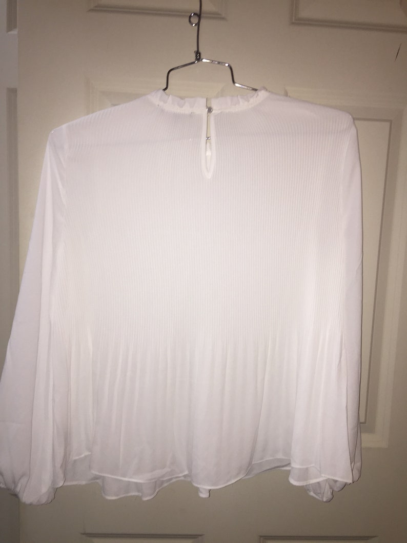 May include: White long-sleeved blouse with a pleated design and a ruffled collar.