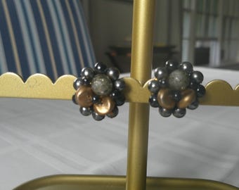 Vintage 1950s Hong Kong Beaded Cluster Clip Earrings Lucite Black Gold Gray