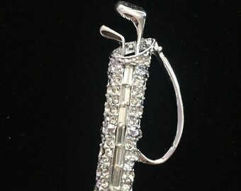 Vintage Silver Tone Golf Bag Brooch With Swarovski Crystals Hand Made