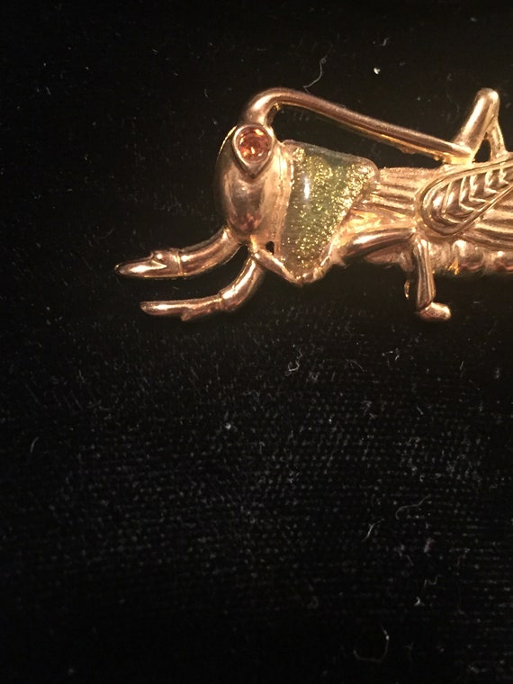 Vintage Gold Tone, Enamel Grasshopper Brooch w/To… - image 2