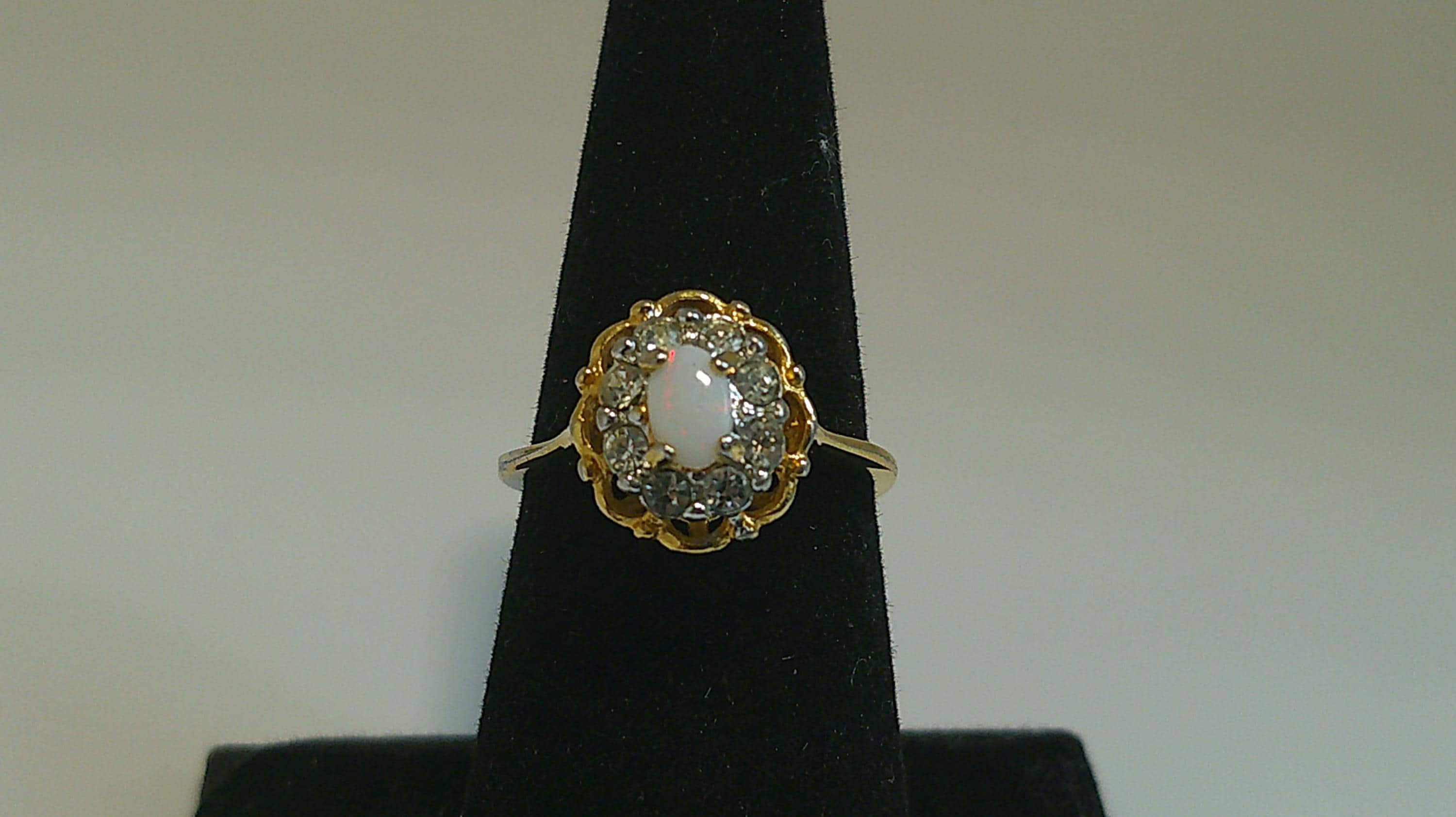 Beautiful Opal & Crystal Ring – Size 7.75 – 18K HGE Gold Electroplated, Elegant Sparkle