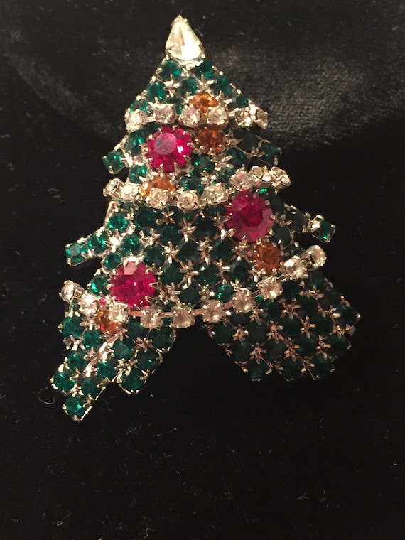 Vintage Christmas Tree Brooch w/ Moveable Clear Rh